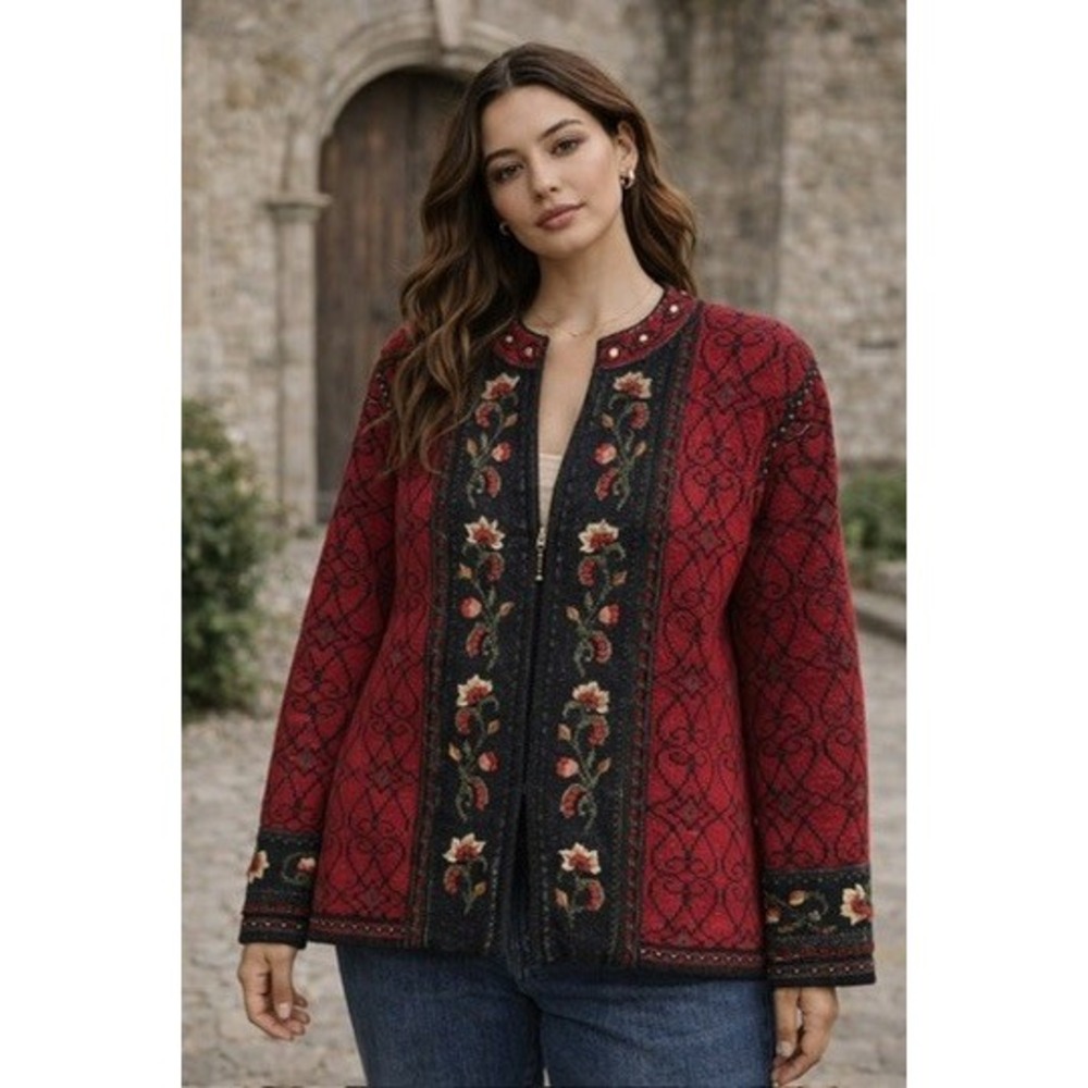ICELANDIC DESIGN Women's Sweater M Red‎ Floral Embroidered Knit Zip Up Cardigan